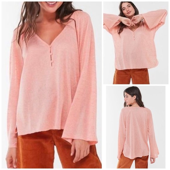 NWT UO Button Down Bell Sleeve Burnout Henley Top - Picture 1 of 1